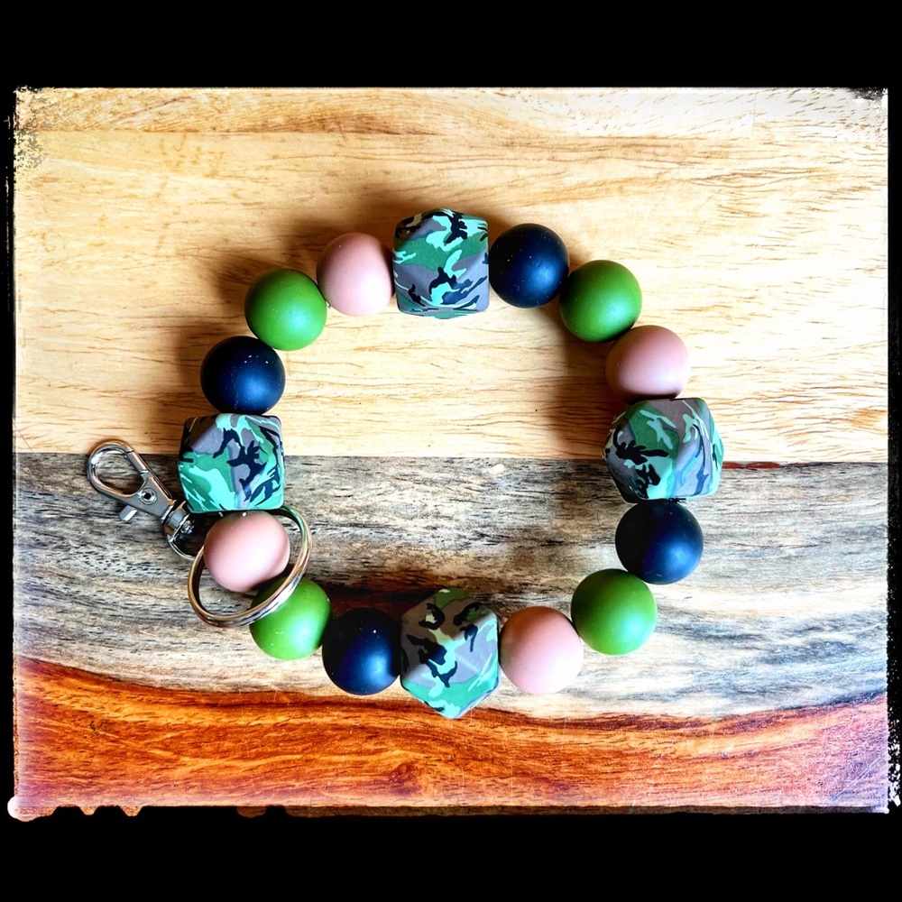 Cute Silicone Key Wristlet, Green Black and Tan Camo